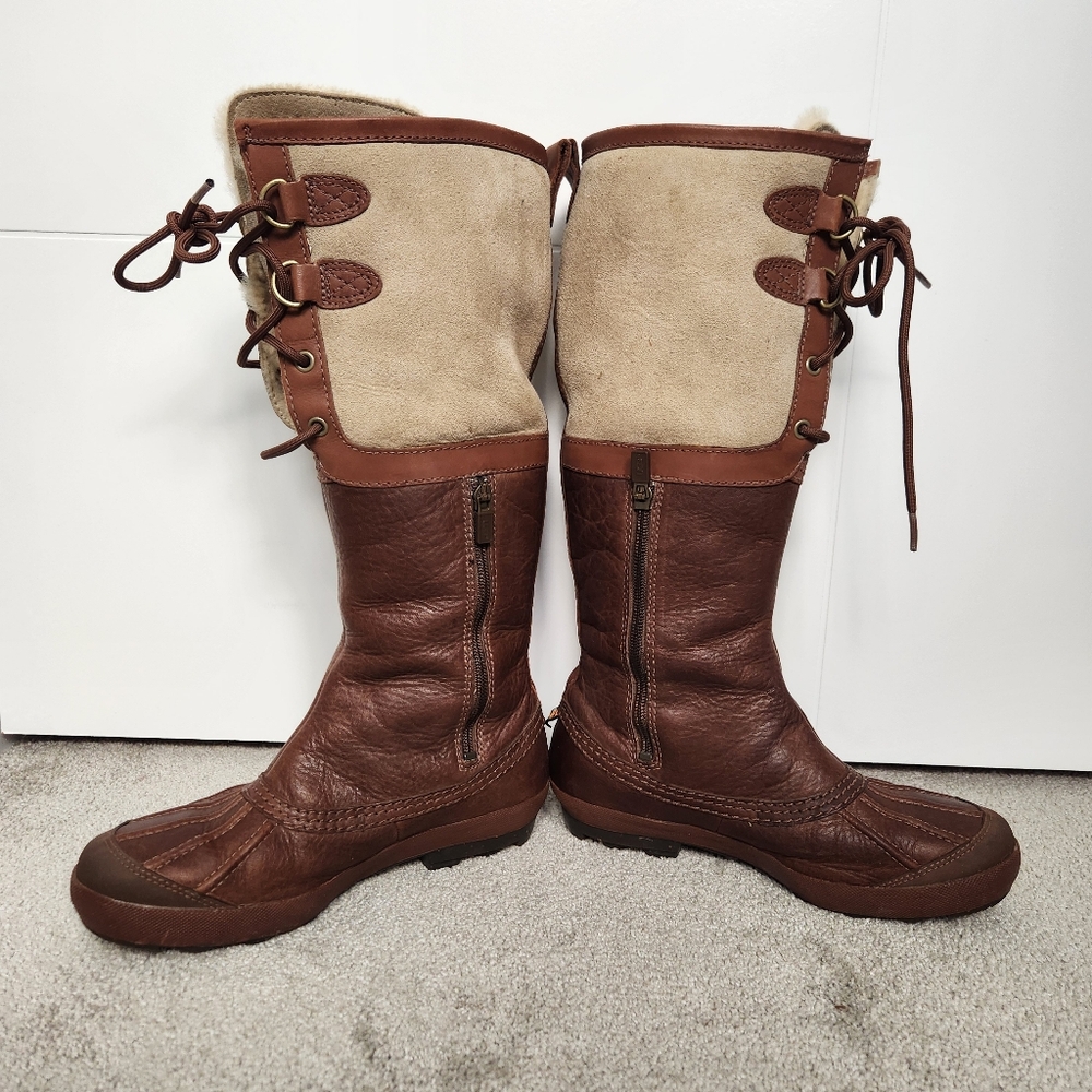 UGG Brown & Cream Lace-Up Winter Boots with Shearling Trim - Picture 3 of 15